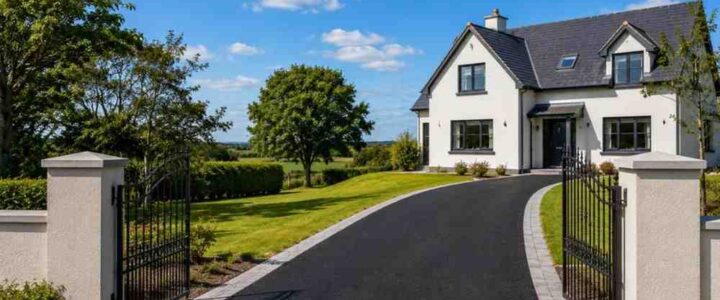 Newly installed black SMA tarmac driveway with silver-grey block paving borders leading through open wrought-iron gates to a detached home in Castlepollard, County Westmeath, with green lawns, mature trees and rolling countryside under a bright summer sky.