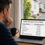 Irish homeowner researching realistic driveway costs on a laptop, with a clear 2026 comparison table for gravel, tar and chip, tarmac, SMA tarmac, resin and pattern imprinted concrete, while a residential driveway is visible outside.