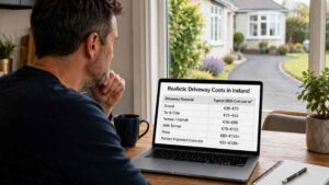 Irish homeowner researching realistic driveway costs on a laptop, with a clear 2026 comparison table for gravel, tar and chip, tarmac, SMA tarmac, resin and pattern imprinted concrete, while a residential driveway is visible outside.