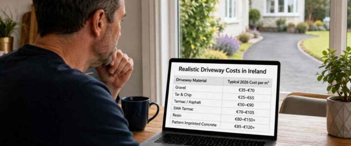 Irish homeowner researching realistic driveway costs on a laptop, with a clear 2026 comparison table for gravel, tar and chip, tarmac, SMA tarmac, resin and pattern imprinted concrete, while a residential driveway is visible outside.