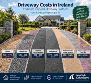 Driveway costs in Ireland for 2026, comparing gravel &euro;35&ndash;&euro;70/m&sup2;, tar and chip &euro;25&ndash;&euro;65/m&sup2;, tarmac/asphalt &euro;50&ndash;&euro;90/m&sup2;, SMA tarmac &euro;70&ndash;&euro;105/m&sup2;, resin &euro;80&ndash;&euro;150+/m&sup2; and pattern imprinted concrete &euro;85&ndash;&euro;120+/m&sup2;.