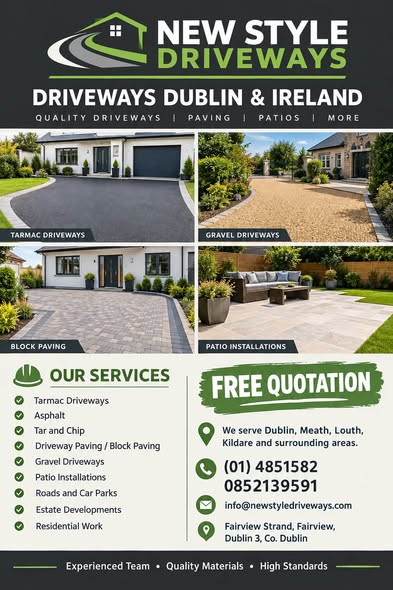 Save 20% on Your New Driveway with New Style Driveways 1 New Style Driveways Dublin showcasing tarmac, asphalt, gravel driveways, block paving and patio installations with free quotations across Dublin and surrounding areas.